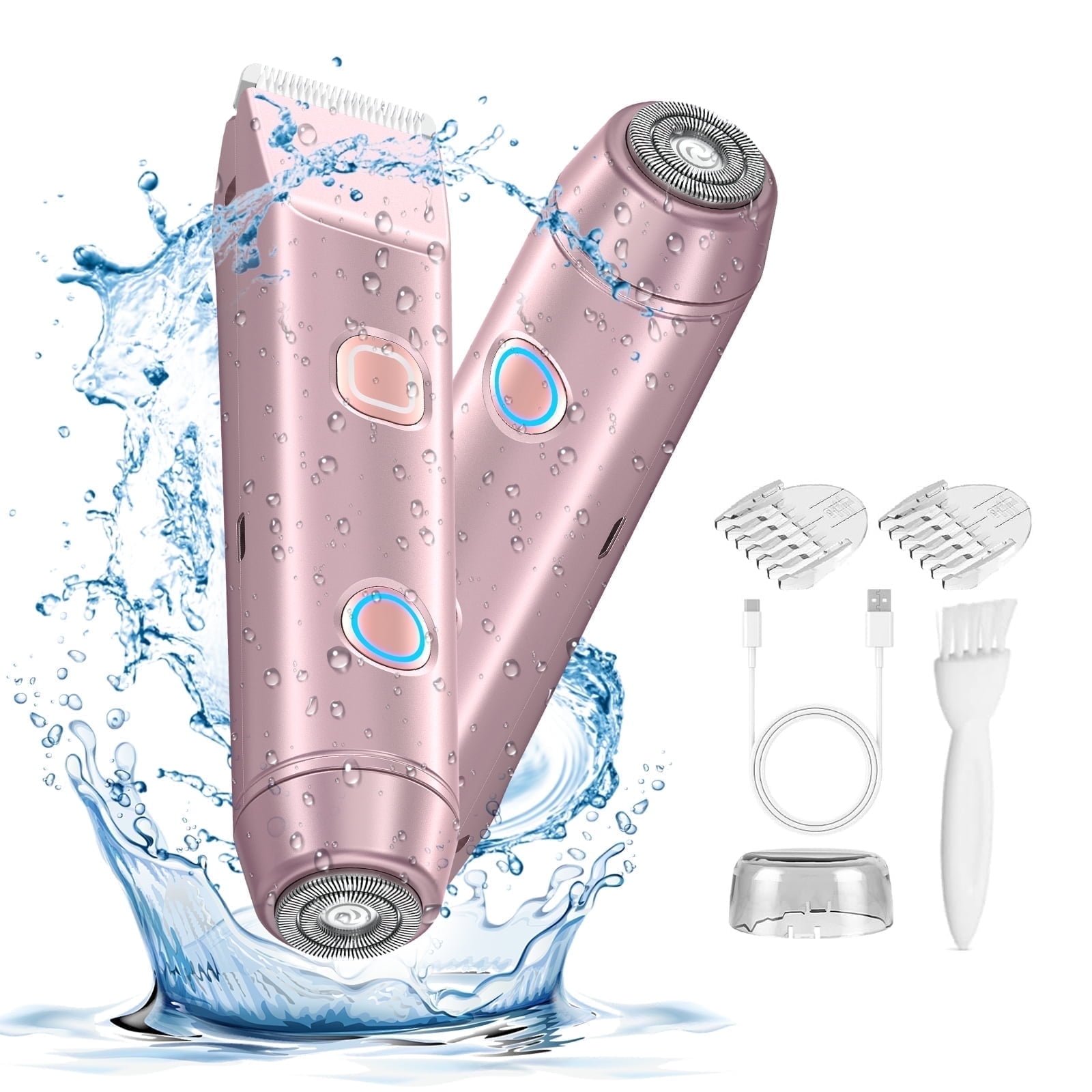 2 in 1 Bikini Trimmer for Women: Electric Razor with Dual Heads for Bikini Underarm Leg Arm Body Face Facial – Wet & Dry Use Body Hair Trimmer, Pink