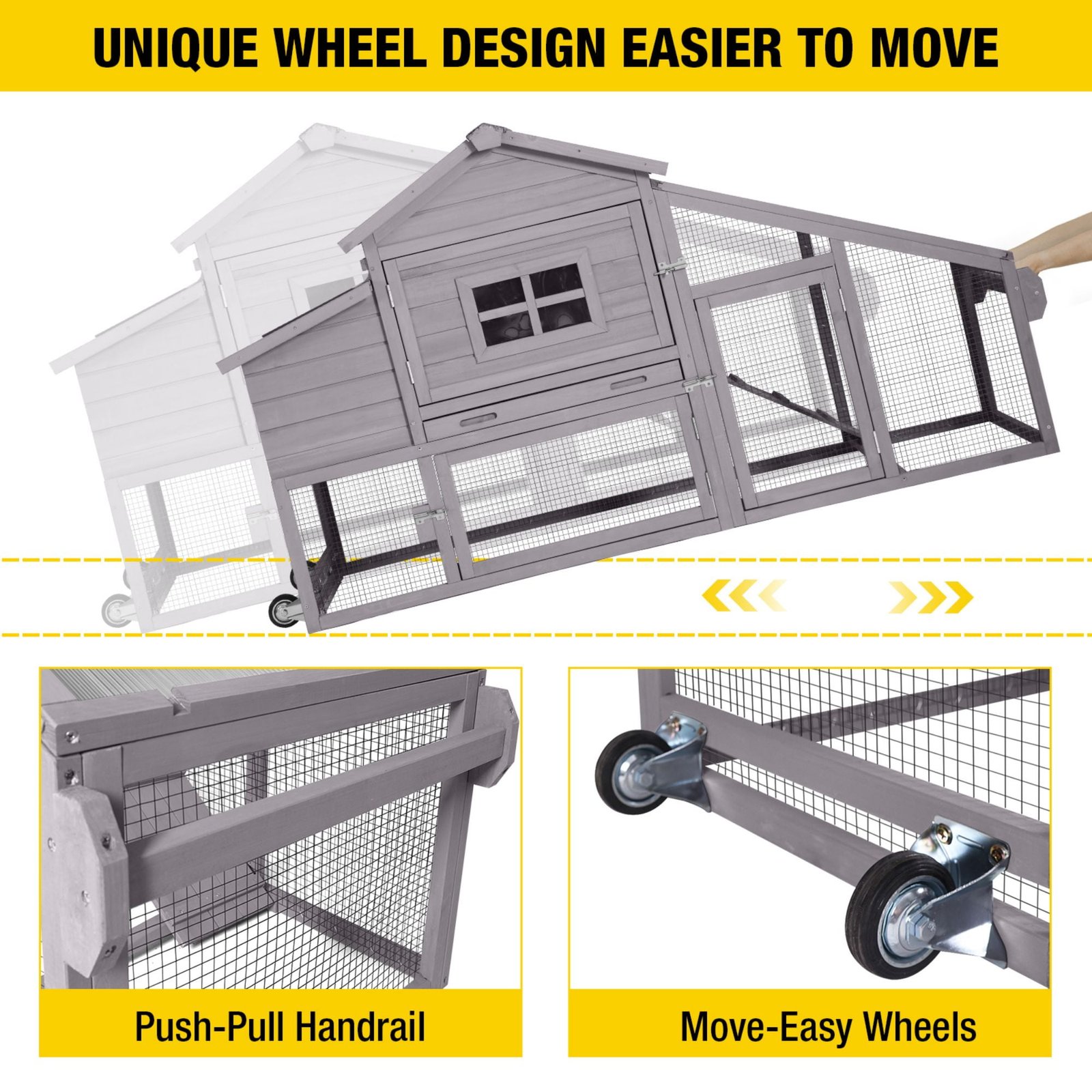 Aivituvin Mobile Chicken Coop with Wheels for 2-4 Chickens, Weatherproof Chicken House Poultry Cage with Nesting Box, Leakproof Pull-Out Tray for Outdoor Backyard, Gray - Image 2