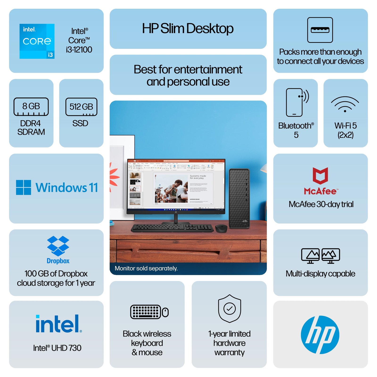 HP Slim Windows Desktop Intel Core i3-12100 8GB RAM 512GB SSD Dark Black - Image 2