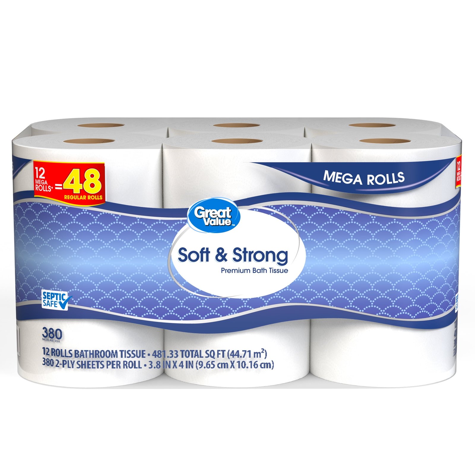 Great Value Soft & Strong Premium Toilet Paper, 12 Mega Rolls, 380 Sheets per Roll - Image 2