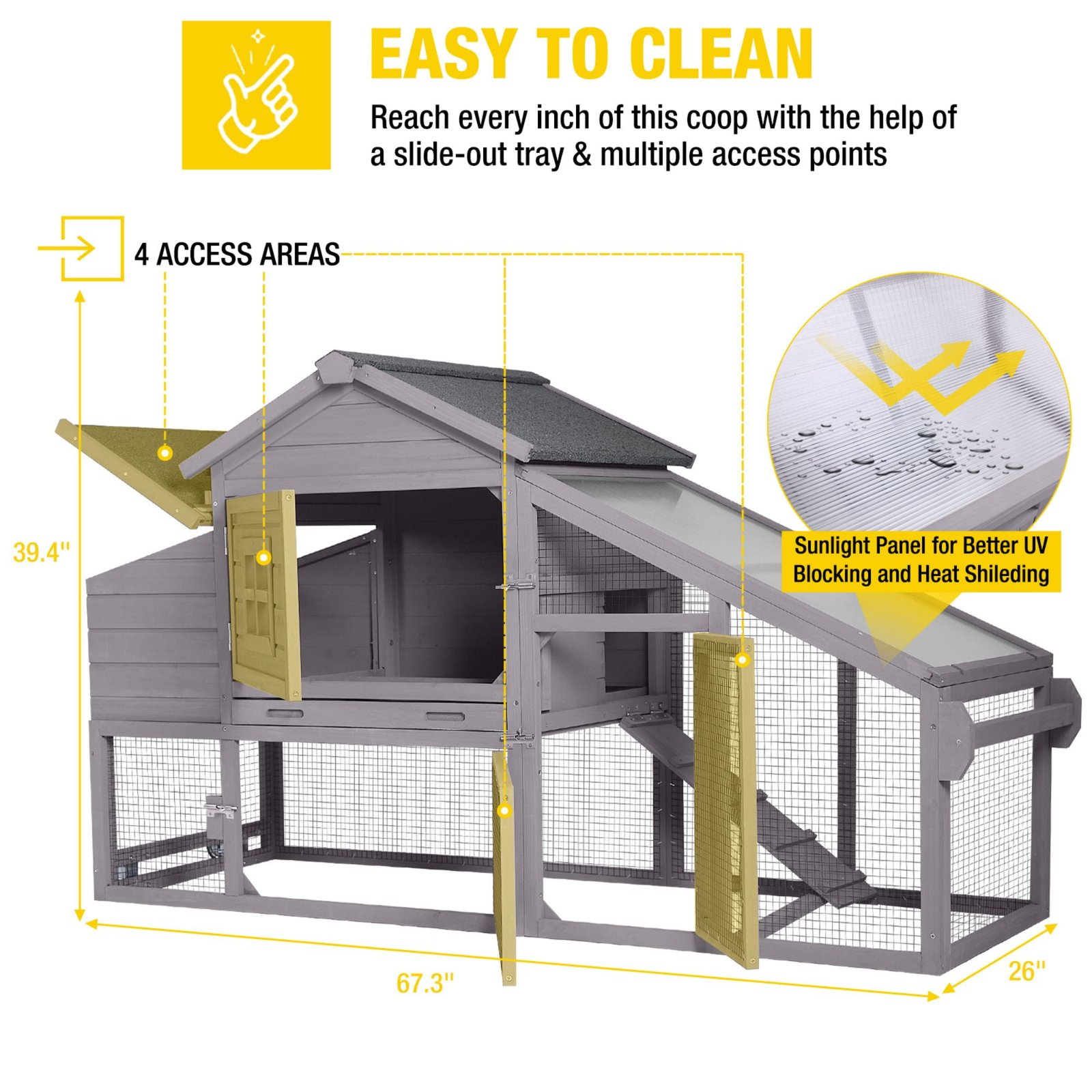 Aivituvin Mobile Chicken Coop with Wheels for 2-4 Chickens, Weatherproof Chicken House Poultry Cage with Nesting Box, Leakproof Pull-Out Tray for Outdoor Backyard, Gray - Image 6