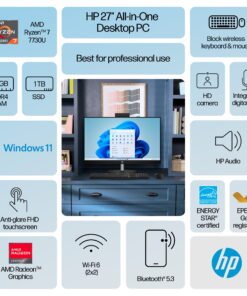 HP 27 inch Touch All-in-One Windows Desktop AMD Ryzen 7-7730U 12GB RAM 1TB SSD Jet Black - High Quality Product Image