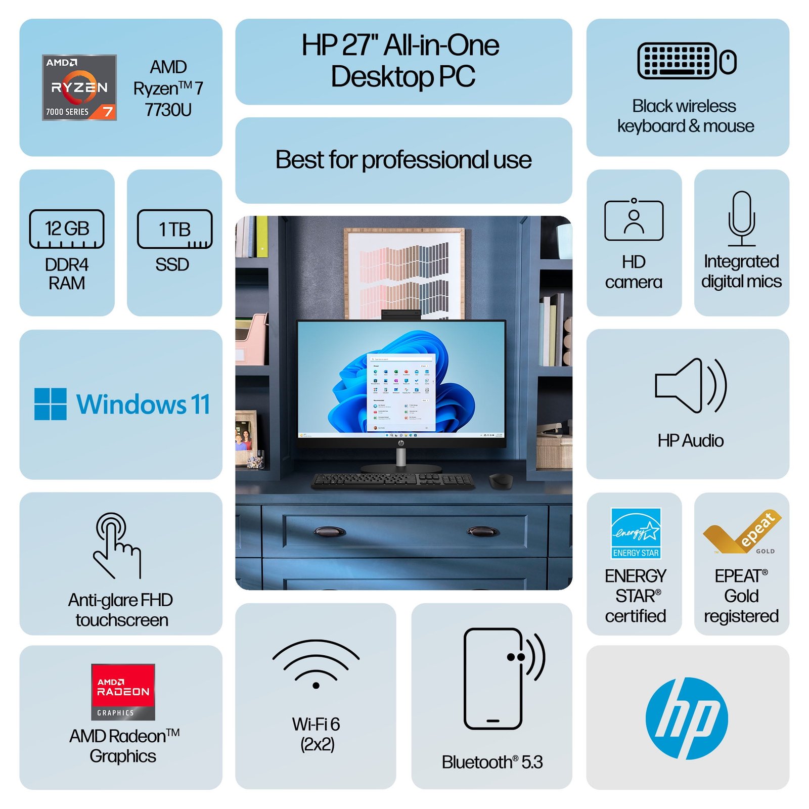 HP 27 inch Touch All-in-One Windows Desktop AMD Ryzen 7-7730U 12GB RAM 1TB SSD Jet Black - Image 2