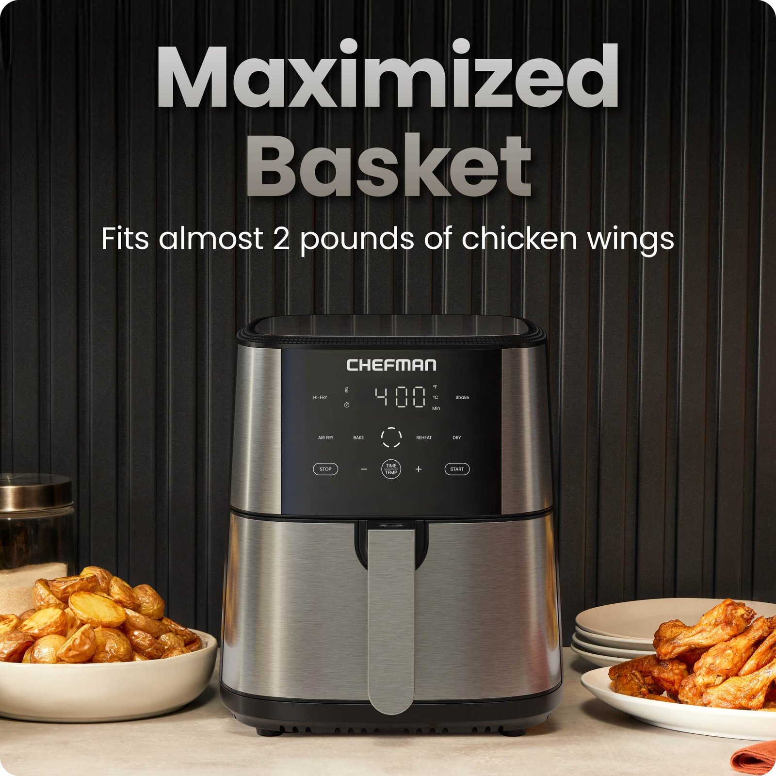 Chefman 6 Qt. Air Fryer 4 Functions w/ Touch Controls, HI-FRY Button, Stainless Steel - Image 4