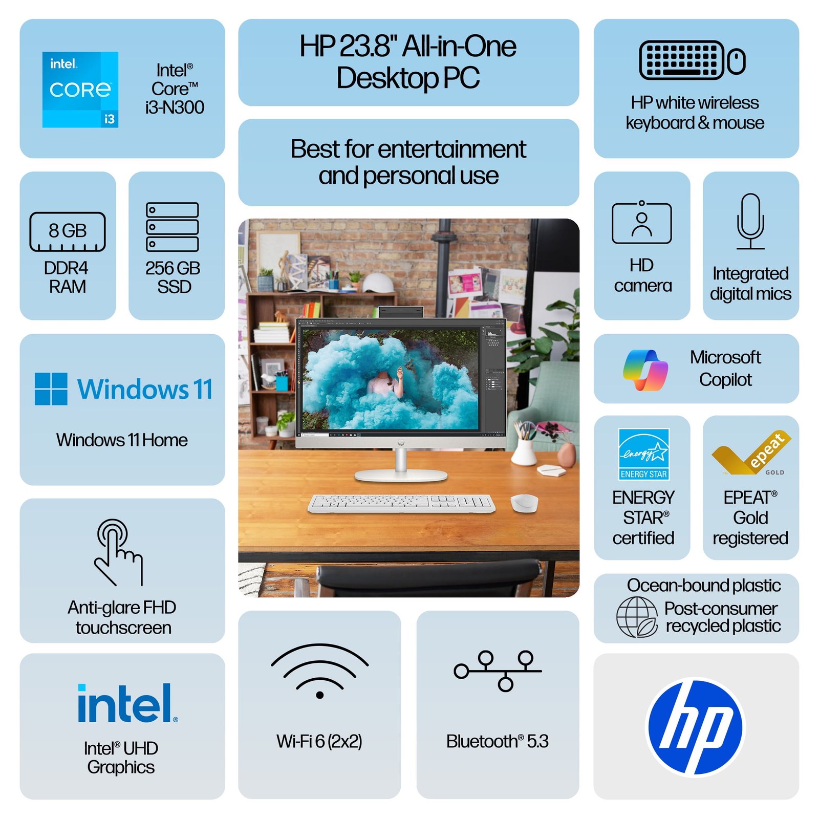 HP 23.8 inch All-in-One Desktop PC FHD Touchscreen Intel i3 , 8GB, 256GB SSD Windows 11 Home Shell White - Image 3