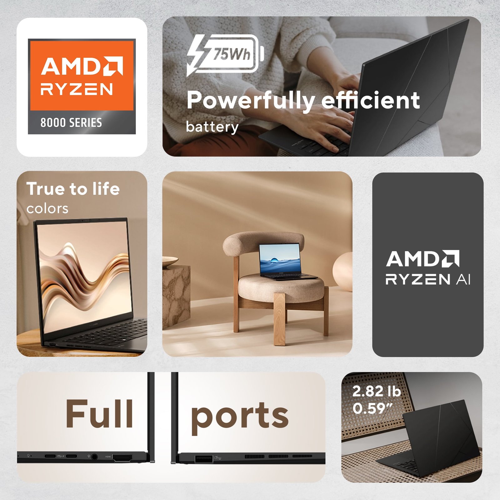 ASUS Zenbook 14 OLED 14” WUXGA Touchscreen Laptop, AMD Ryzen 7 8840HS, 16GB Memory, 512GB SSD, Jade Black, UM3406HA-WS74T - Image 3