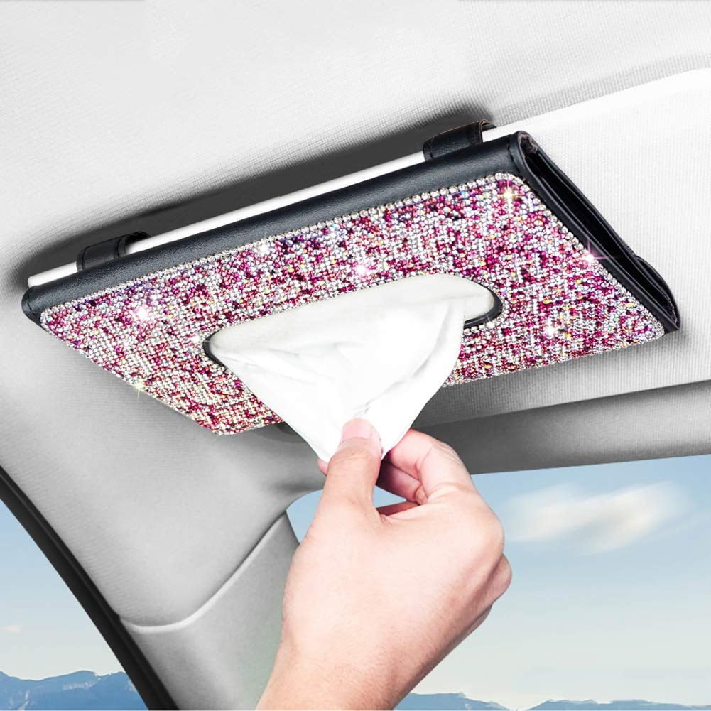 eing Car Tissue Holder Bling Cute Car Accessories for Women Sparkly Leather Sun Visor Napkin Hanging Stuff with Crystal Diamonds, Pink