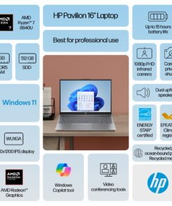 HP Pavilion 16 inch Laptop AMD Ryzen 7-8840U AI PC 8GB RAM 512GB SSD Meteor Silver - High Quality Product Image