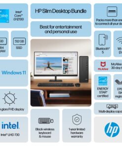 HP 27 inch Monitor & Slim Windows Desktop Bundle Intel Core i3-12100 8GB RAM 512GB SSD Black - High Quality Product Image