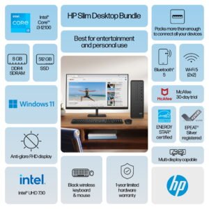 HP 27 inch Monitor & Slim Windows Desktop Bundle Intel Core i3-12100 8GB RAM 512GB SSD Black - High Quality Product Image