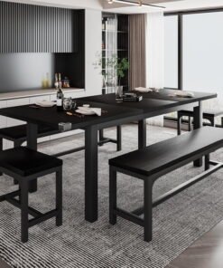 iPormis 5-Piece Dining Table Set for 4-8 People, Extendable Kitchen Table Set with 2 Benches and 2 Square Stools, Black - High Quality Product Image