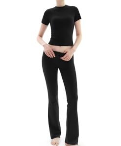 Alternative view of PUMIEY Women's 2 Piece Lounge Sets Short Sleeve Tops Fold-Over Flare Pants Casual Outfits Matching Set Nap Collection