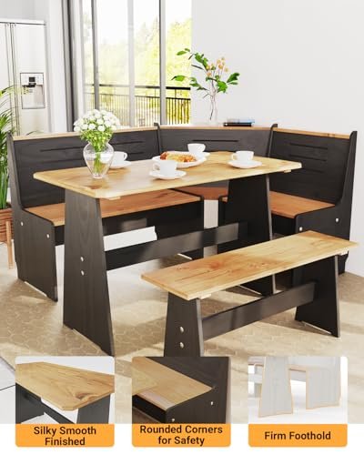 Breakfast Nook Table Set - Corner Kitchen Dining Table Set for 4-6 People, Solid Pine Wood Modern Farmhouse Dining Room Set with L-Shaped Bench, Sp... - Image 6