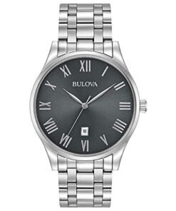 Alternative view of Bulova Men's Classic Stainless Steel 3-Hand Date Calendar Quartz Watch, Grey Dial with Roman Numeral Markers Style: 96B261
