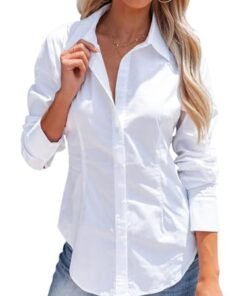 Alternative view of siliteelon Women's Button Down Shirts Long Sleeve Dress Shirts Wrinkle Free Collared Work Office Solid Blouses Corset Tops