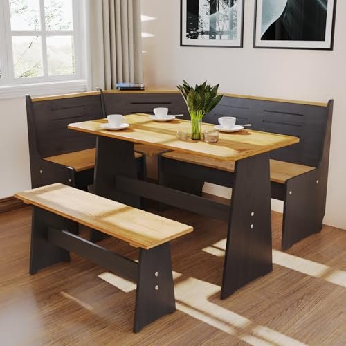 Breakfast Nook Table Set - Corner Kitchen Dining Table Set for 4-6 People, Solid Pine Wood Modern Farmhouse Dining Room Set with L-Shaped Bench, Sp... - Image 2