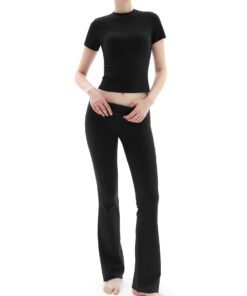 PUMIEY Women's 2 Piece Lounge Sets Short Sleeve Tops Fold-Over Flare Pants Casual Outfits Matching Set Nap Collection