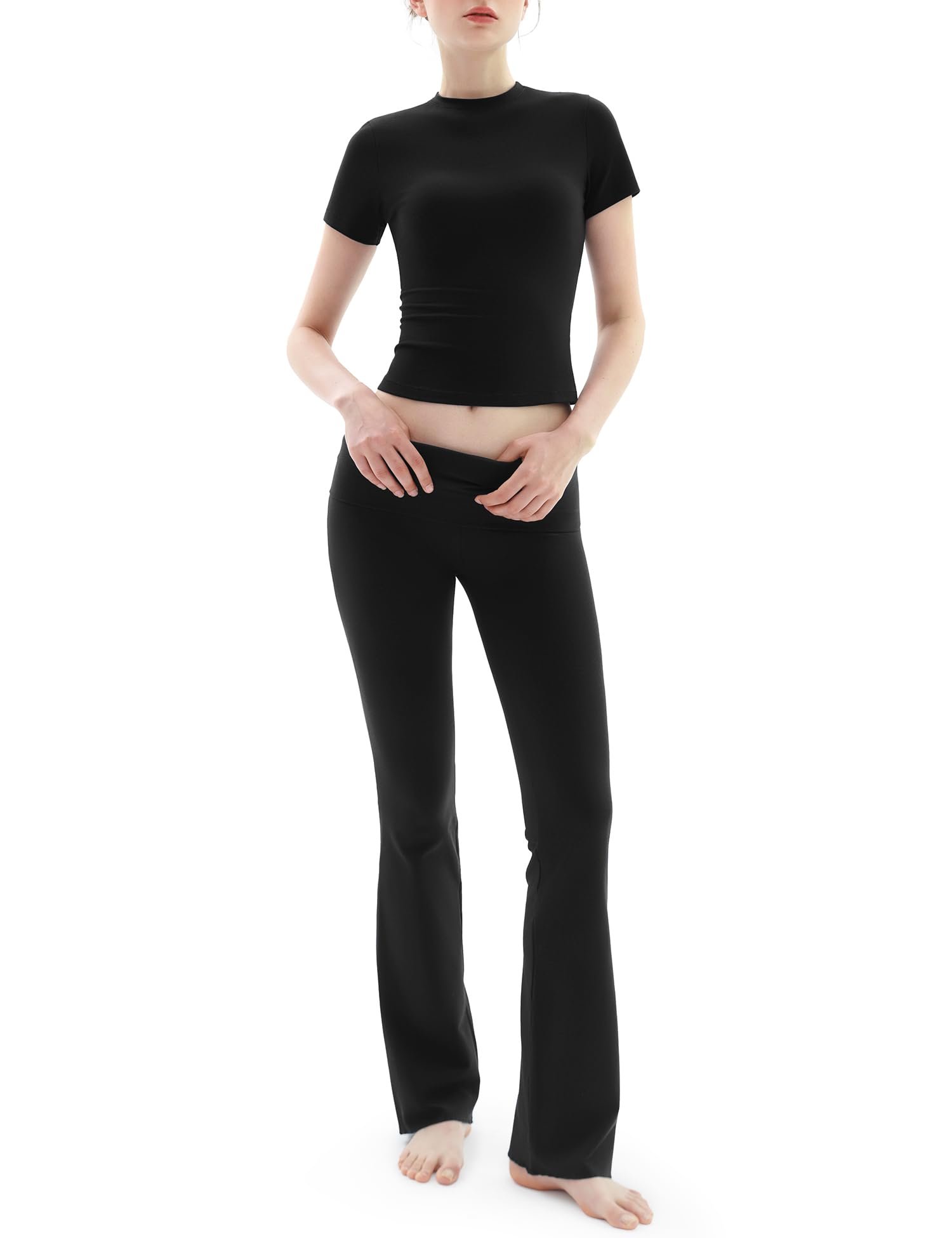 PUMIEY Women’s 2 Piece Lounge Sets Short Sleeve Tops Fold-Over Flare Pants Casual Outfits Matching Set Nap Collection