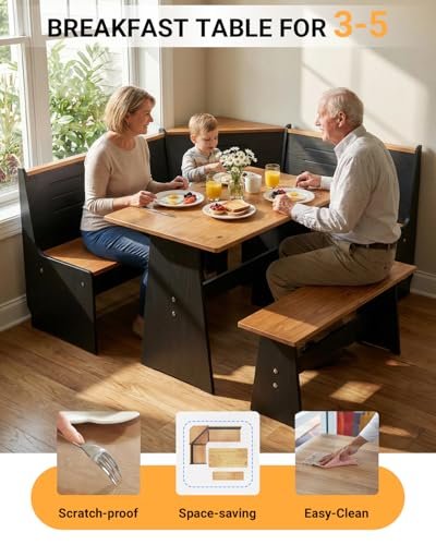 Breakfast Nook Table Set - Corner Kitchen Dining Table Set for 4-6 People, Solid Pine Wood Modern Farmhouse Dining Room Set with L-Shaped Bench, Sp... - Image 4