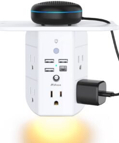 Wall Outlet Extender with Shelf and Night Light, Surge Protector, Wall Mount Charger Multi Plug Expander with 5 AC Outlets and 3 USB A Ports 1 USB ...