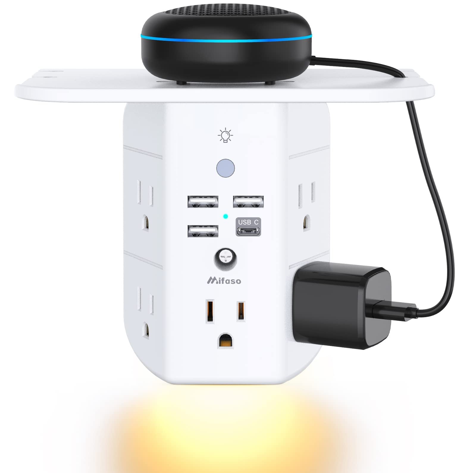 Wall Outlet Extender with Shelf and Night Light, Surge Protector, Wall Mount Charger Multi Plug Expander with 5 AC Outlets and 3 USB A Ports 1 USB …