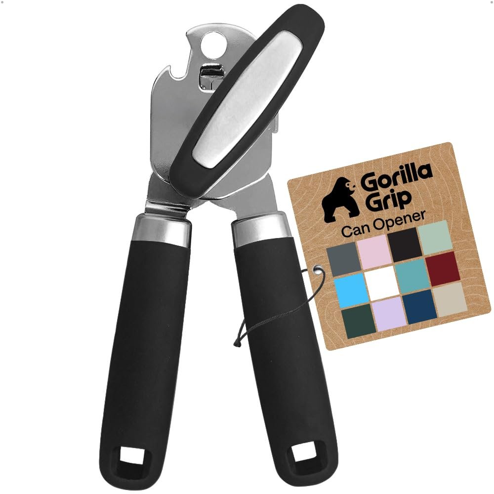 GORILLA GRIP Heavy Duty Stainless Steel Smooth Edge Manual Can Opener and Bottle Openers, Soft Comfortable Handle, Oversized Handheld Turn Knob, US…