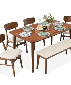 Alternative view of Best Choice Products 6-Piece Wooden Dining Set, Mid-Century Modern Table & Upholstered Chair Set w/Bench Seat, Rubberwood Legs - Walnut/Cream