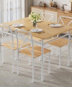 Alternative view of VECELO 5-Piece Kitchen Dining Table Set, Wood Tabletop & Heavy-Duty Metel Frame, Rectangle Dinette with 4 Chairs for Small Space, Breakfast Nook, N...