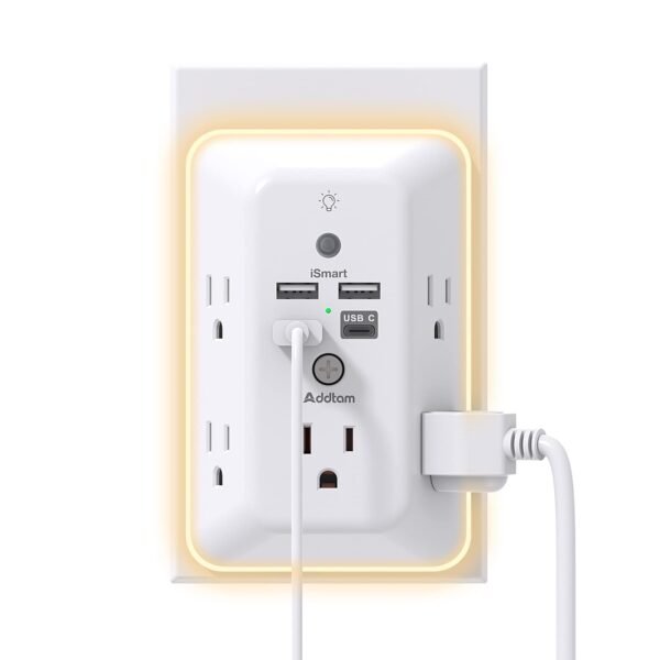 Surge Protector, Outlet Extender with Night Light, Addtam 5-Outlet Splitter and 4 USB Ports(1 USB C), Multi Plug Wall Outlet for Home Office Dorm R…
