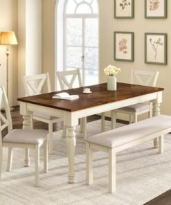 Alternative view of 6-Piece Solid Wood Dining Table Set, 71" Farmhouse Kitchen Table with 4 Upholstered Chairs and Bench, Large Dining Room & Kitchen Furniture Set, Cr...