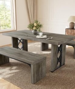 Alternative view of 3-Piece Dining Table Set for 6 People, 70.8'' Rectangle Kitchen Table with 2 Benches for Breakfast Nook, Dining Room Furniture(Grey Table+2 Benches)