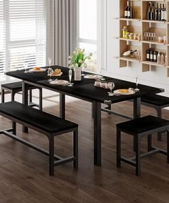 Alternative view of Feonase 5-Piece Dining Table Set for 4-8 People, 63" Large Extendable Kitchen Table Set with 2 Benches and 2 Square Stools, Dining Room Table with ...