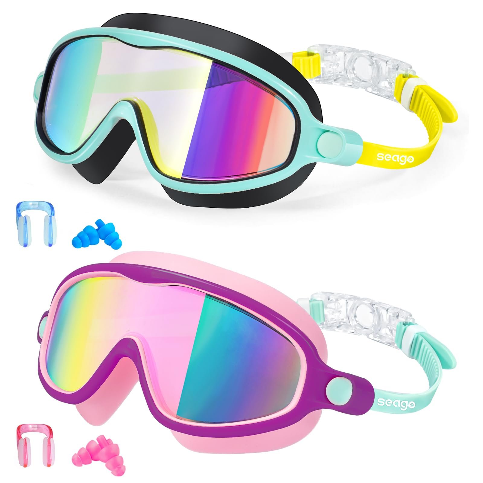 Seago Swim Goggles 2 Pack Anti-Fog Anti-UV Wide View Swimming Goggles for Kids 3-14
