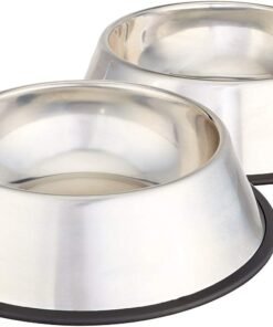 Amazon Basics Stainless Steel Non-Skid Dog Water And Food Bowls, Dishwasher Safe, Rust Resistant, 38oz Capacity, 10 x 2.8 Inches, 2-Pack