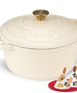 Overmont Enameled Cast Iron Dutch Oven - 5.5QT Pot with Lid Cookbook & Cotton Potholders - Heavy-Duty Cookware for Braising, Stews, Roasting, Bread...