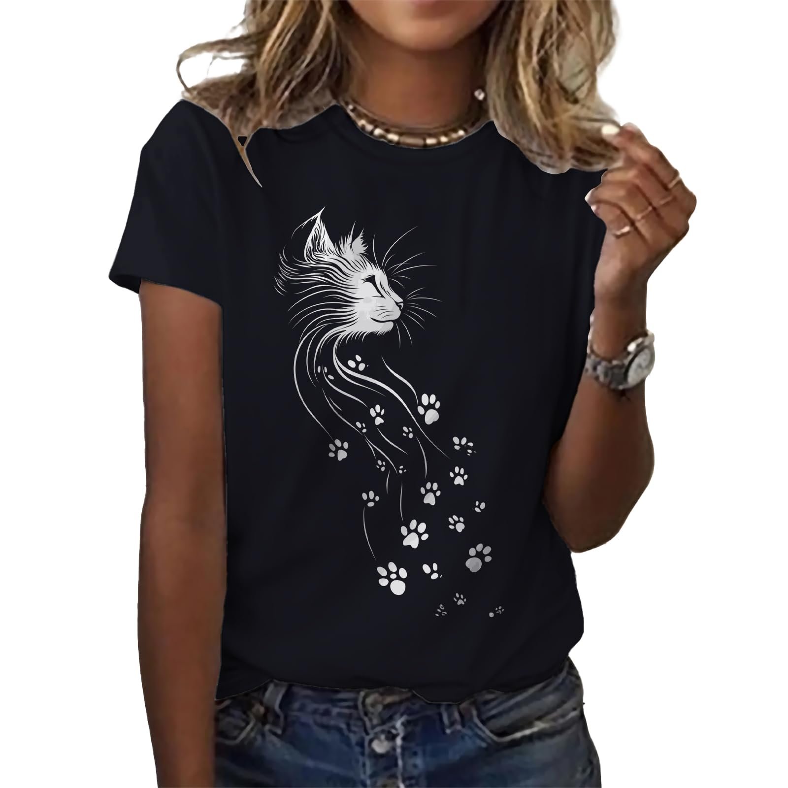 MARSVOVO Shirts for Women Cute Cat Graphic Crew Neck Short Sleeve Cotton Funny Causal Womens T Shirtst