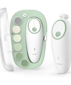 Momcozy Baby Nail File Electric, Gentle Baby Nail Trimmer Electric, Baby Nail Clipper with Night Light, 7 Grinding Head Replacement Pads, Green