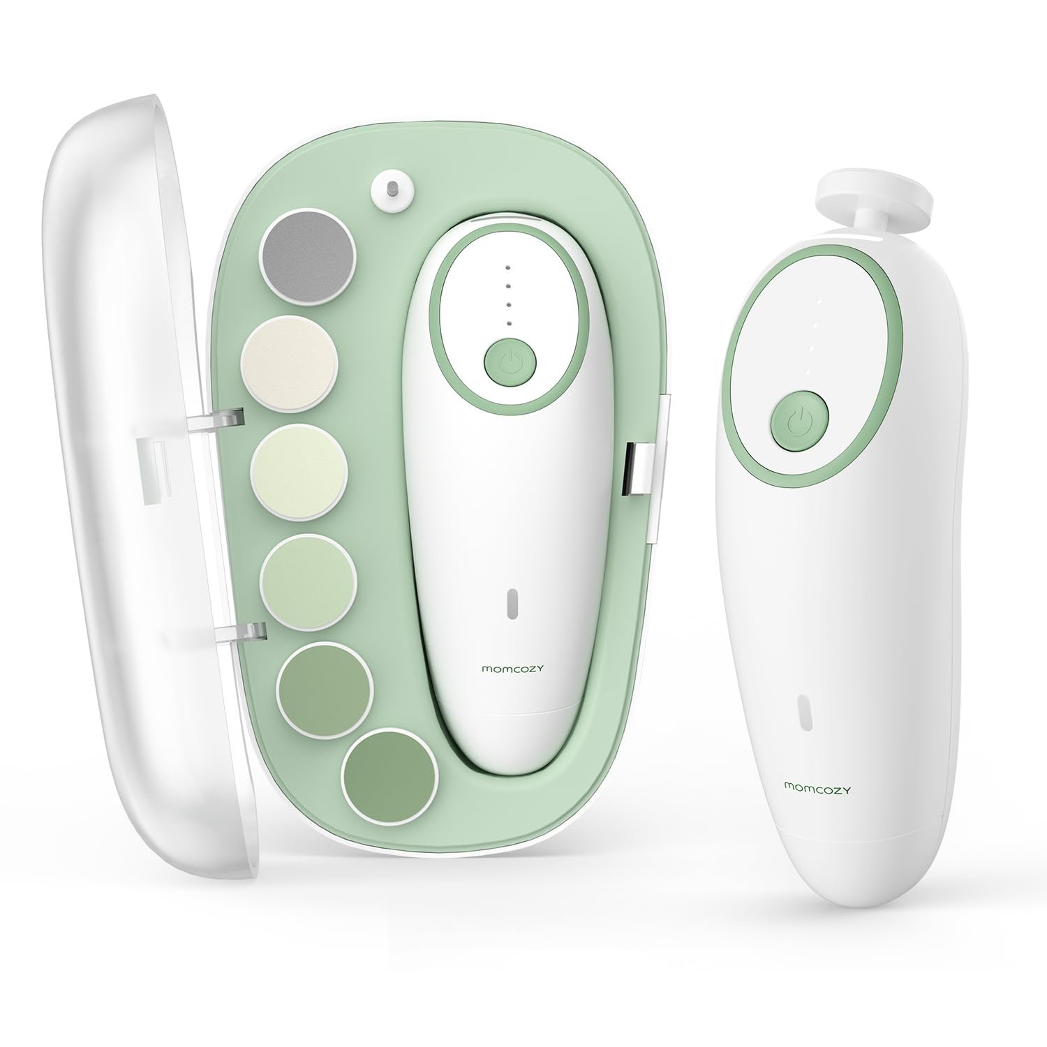 Momcozy Baby Nail File Electric, Gentle Baby Nail Trimmer Electric, Baby Nail Clipper with Night Light, 7 Grinding Head Replacement Pads, Green
