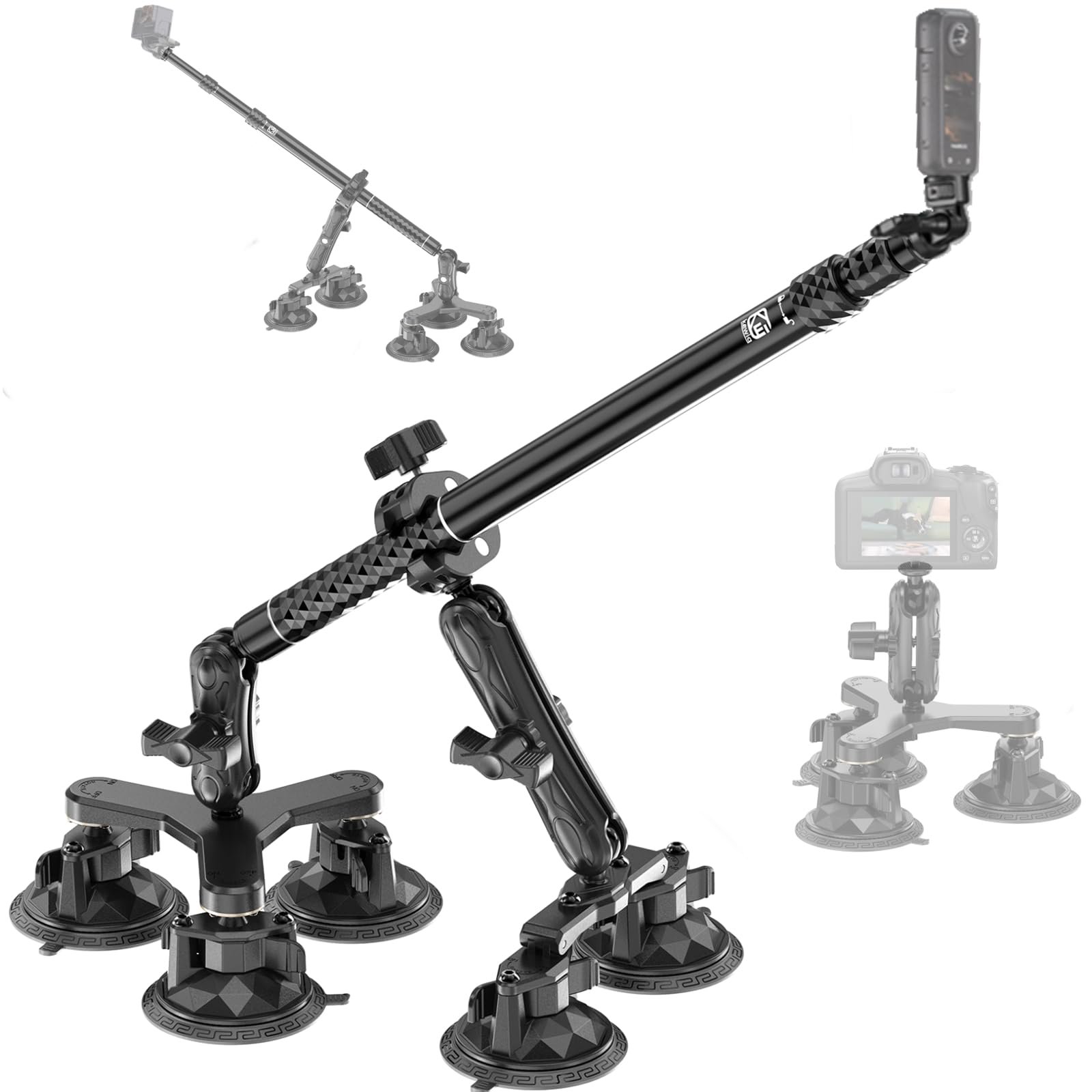 BRCOVAN Suction Cup Car Camera Mount with Metal Extendable Selfie Stick for DJI OSMO Insta360 Camera, Adjustable Action Camera Car Mount Compatible…