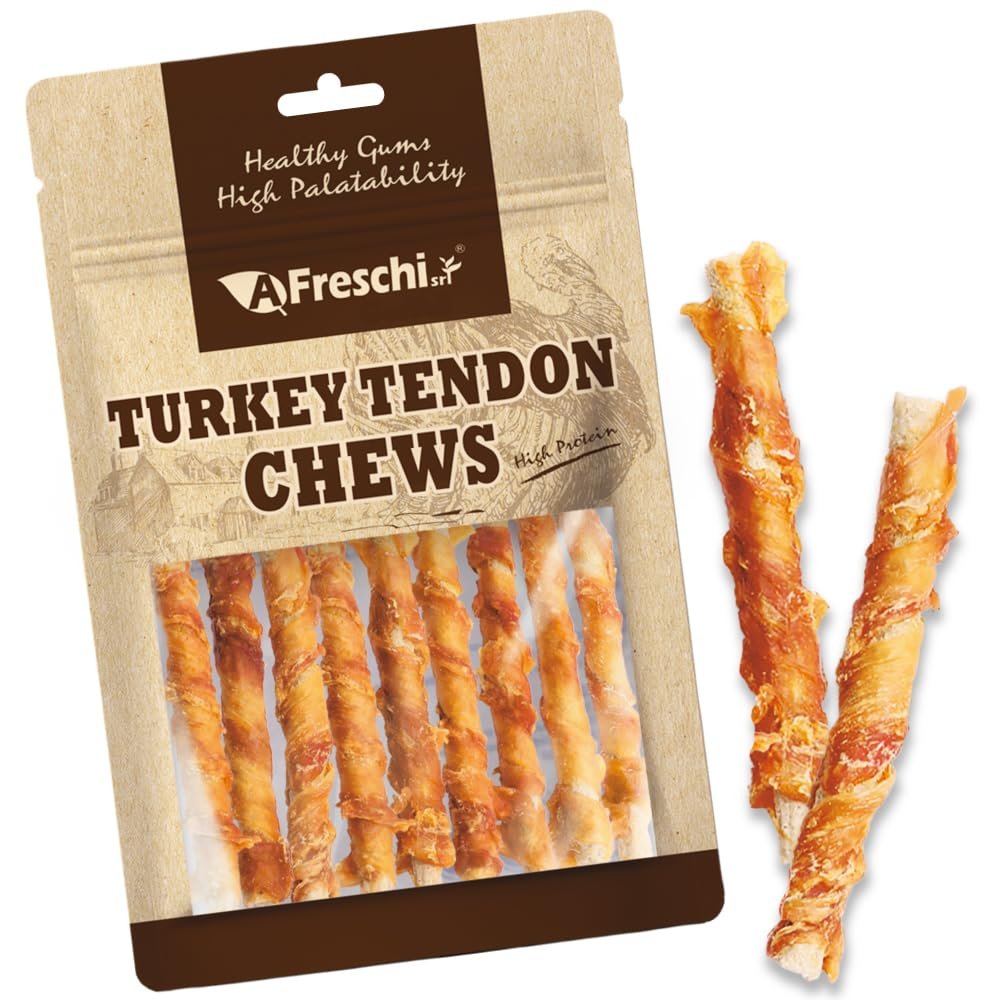 A Freschi srl Turkey Tendons for Dogs, USA-Sourced, Healthy Dog Treats, Rawhide-Free Puppy Chews, All Natural, Hypoallergenic Dog Treats, Turkey Te…