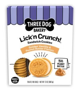 Three Dog Bakery Lick'n Crunch! Golden & Peanut Butter Dog Sandwich Cookies - Crunchy Vanilla & Creamy Peanut Butter Flavored Dog Treats, Cookies f...