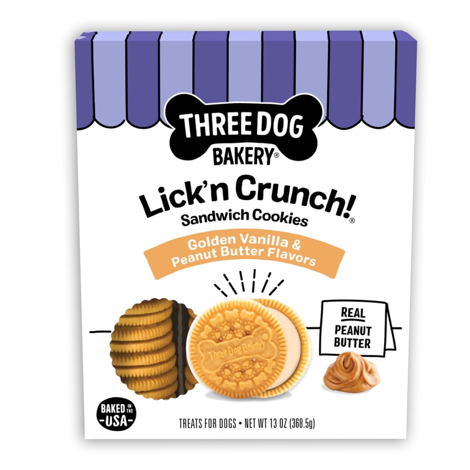 Three Dog Bakery Lick’n Crunch! Golden & Peanut Butter Dog Sandwich Cookies – Crunchy Vanilla & Creamy Peanut Butter Flavored Dog Treats, Cookies f…