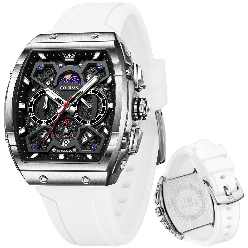 OLEVS Mens Watches Stylish Chronograph Waterproof Luminous Silicon Strap Multifunction Watches for Men Business White Men Wrist Watch