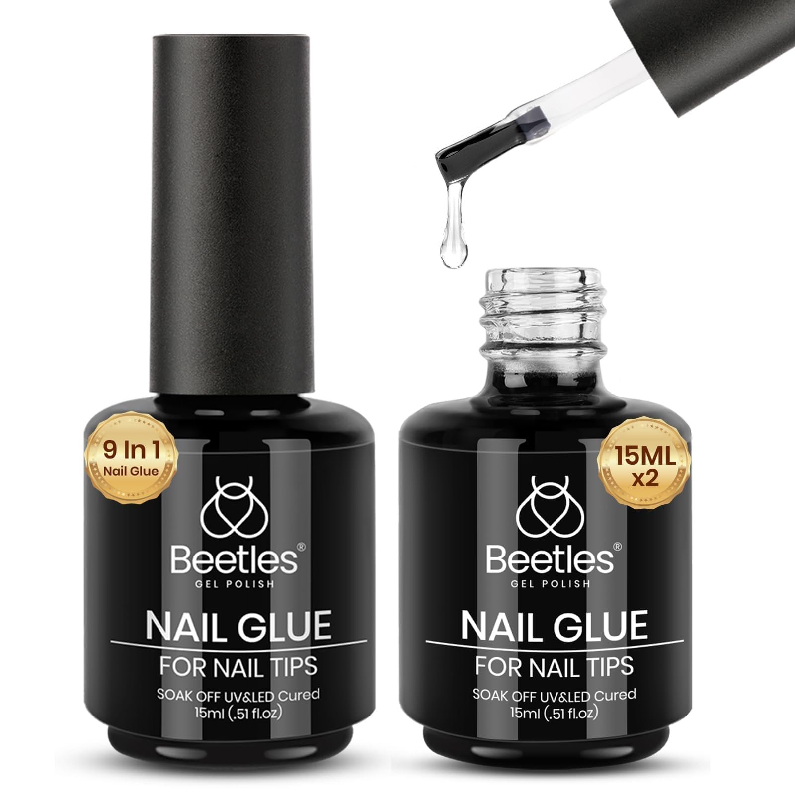 beetles Gel Polish 9 In 1 Gel Nail Glue for Clear Acrylic Nail Tips 2 Pcs 15ml Long Lasting Nail Gel Kit for False Nails Tips, Base Blooming Nail G…