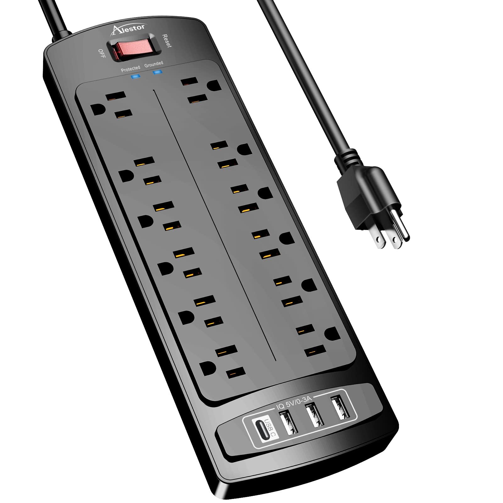 Power Strip, ALESTOR Surge Protector with 12 Outlets and 4 USB Ports, 6 Feet Extension Cord (1875W/15A), 2700 Joules, ETL Listed, Black
