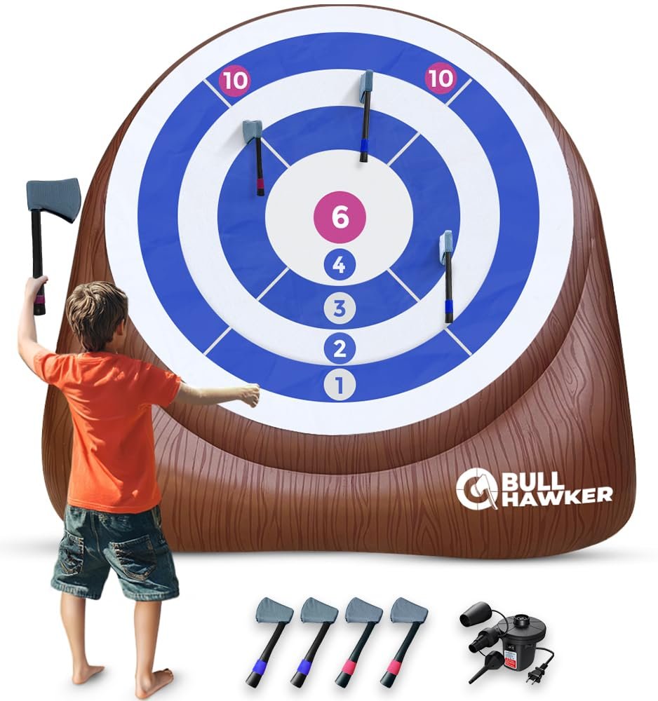 Swooc Games® – Bull Hawker™ | Giant Axe Darts (Over 6ft Tall) w/ 15+ Games | Axe Throwing Game for Backyard w/Air Pump | Outdoor Games for Adults a…