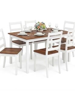 Giantex 7-Piece Dining Table Set for 6, Rectangular 60-inches Kitchen Table and 6 Dining Chairs with Rubber Wood Legs, Protective Foot Pads, Farmho...