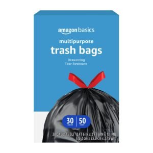 Amazon Basics Multipurpose Drawstring Trash Bags, 30 Gallon Capacity, Tear Resistant, 50 Count (Previously Solimo)