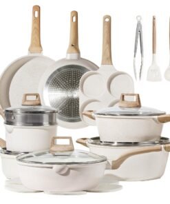CAROTE 21Pcs Pots and Pans Set, Nonstick Cookware Sets, White Granite Induction Cookware Non Stick Cooking Set w/Frying Pans & Saucepans(PFOS, PFOA...