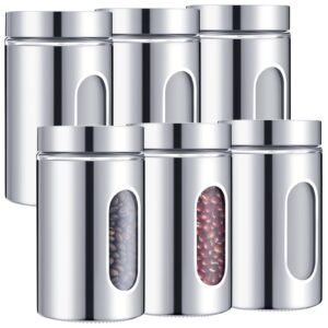 Mimorou 6 Pack Kitchen Canisters Set Airtight Coffee Sugar Tea Candy Storage Jars with Window Glass Stainless Steel Containers with Lids for Flour …